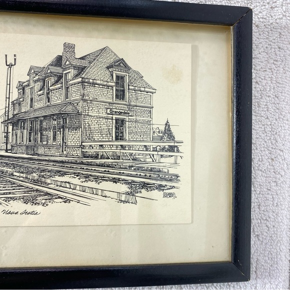 Vintage Orangedale Nova Scotia Framed Black and White Train Station Sketch - Picture 5 of 14